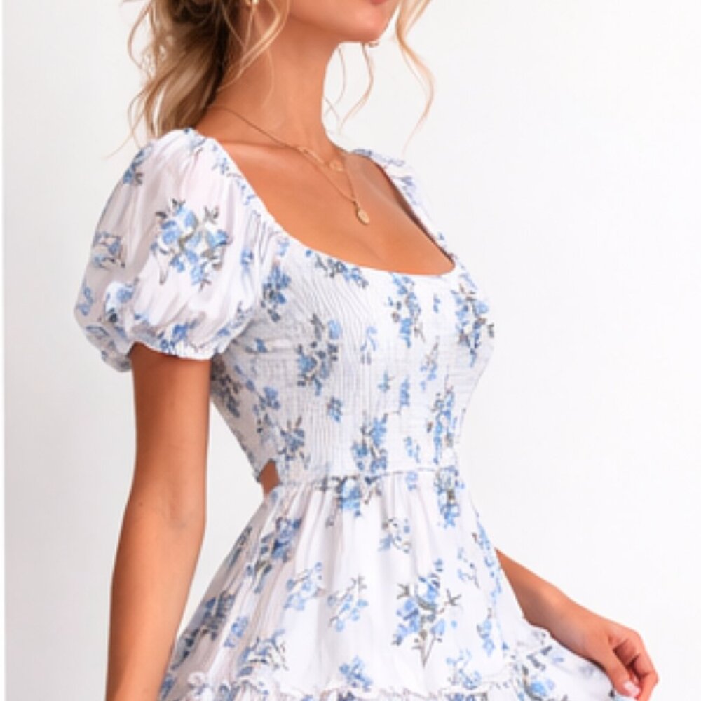 Hollister Blue & White Floral Tie Back Mini Dress | Size Small - Picture 11 of 11